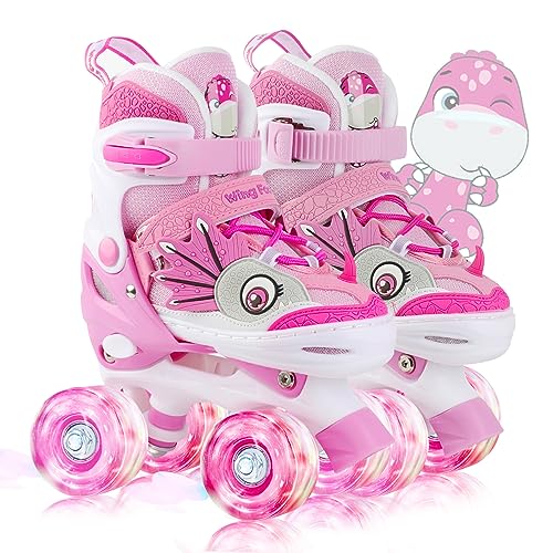 WESKIFAN Kids Dinosaur Roller Skates | Adjustable Quad Shoes with Light Up Wheels