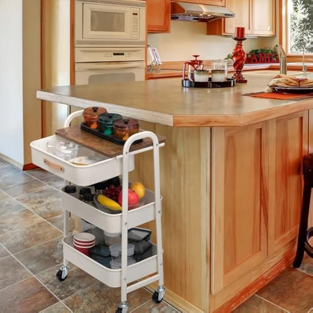 3-Tier Metal Rolling Storage Trolley with Drawer - White