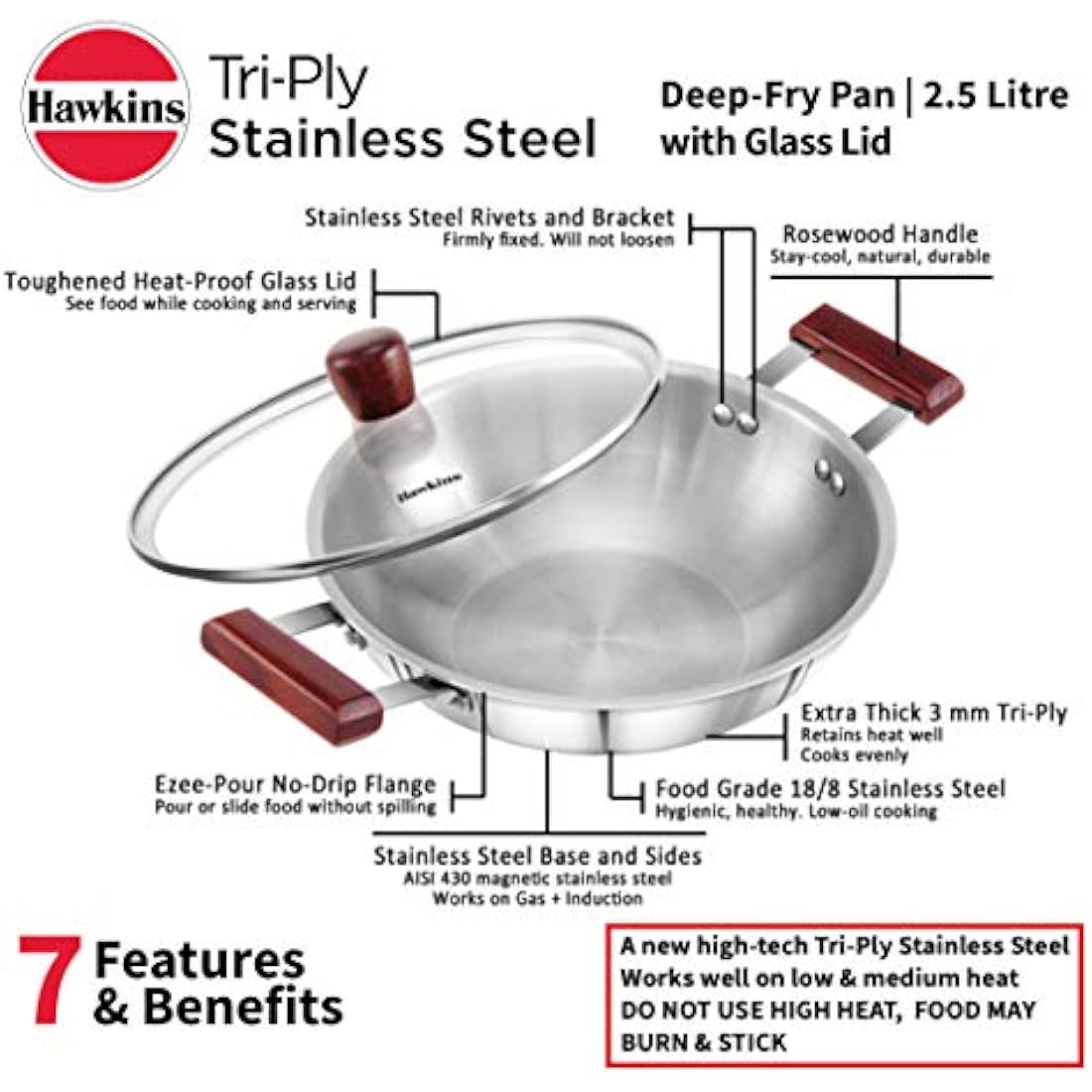 Hawkins Triply Stainless Steel Deep Fry Pan Kadai with Glass Lid, 2.5L