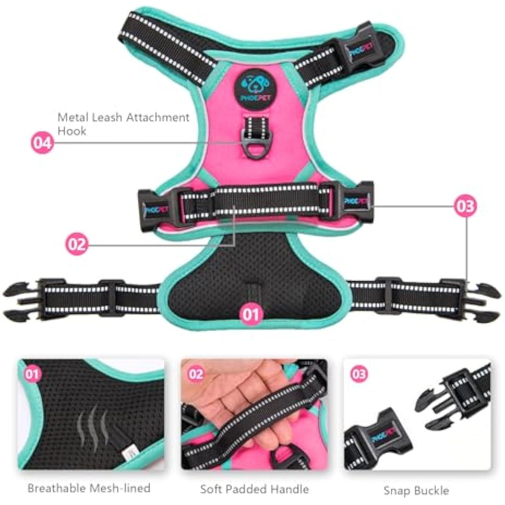 PHOEPET No Pull Dog Harness | Reflective Adjustable Training Vest - Pink