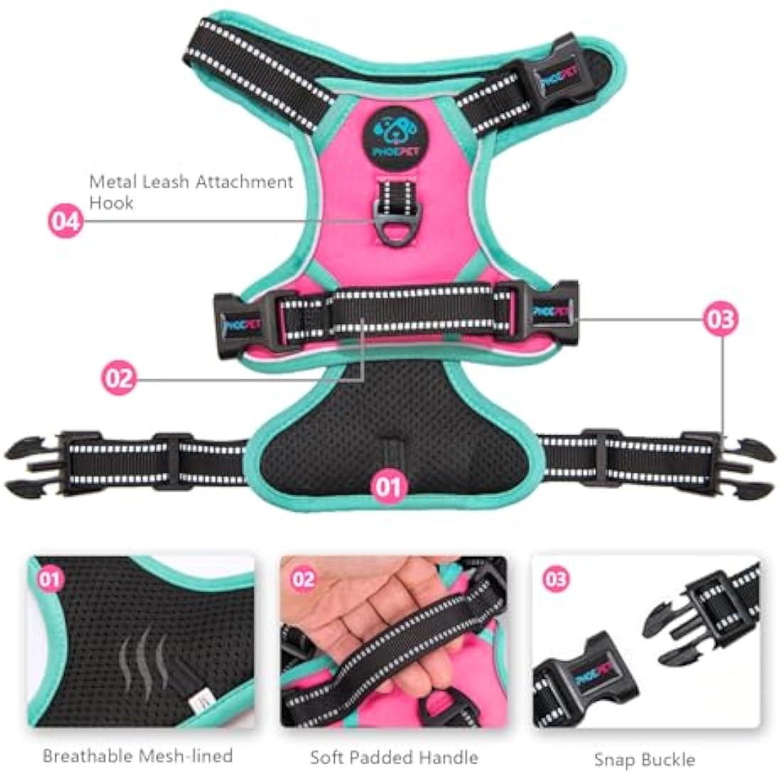 PHOEPET No Pull Dog Harness | Reflective Adjustable Training Vest - Pink