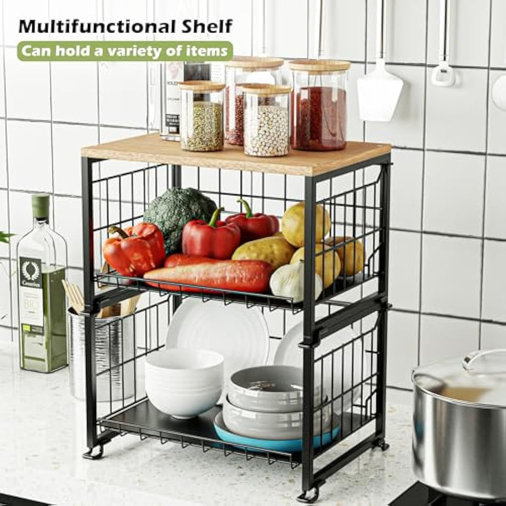 UMDONX 2-Tier Fruit Rack – Stackable Wire Vegetable Storage Basket, Black