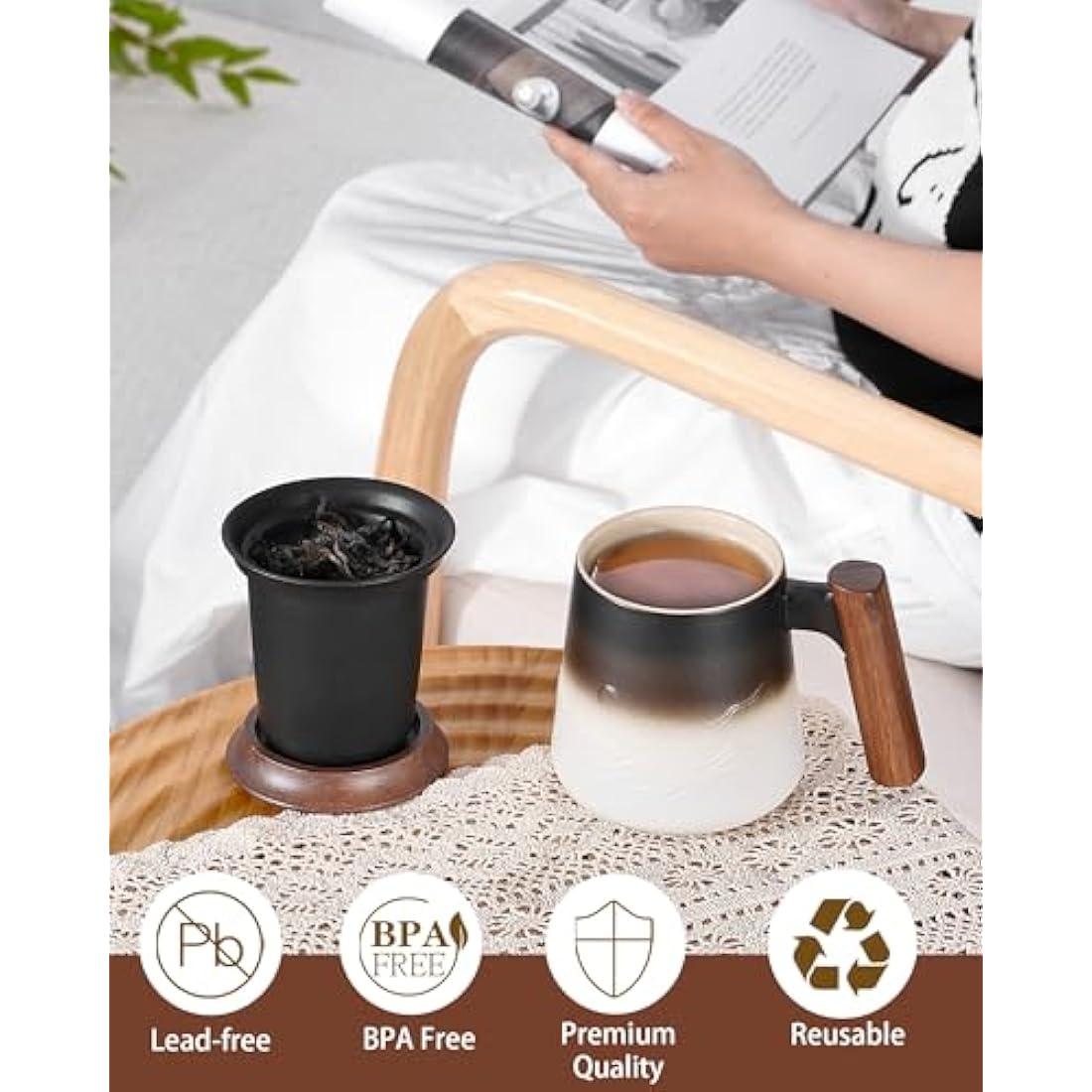 ZENS Ceramic Tea Infuser Mug with Wood Handle and Lid – 430ml Blue