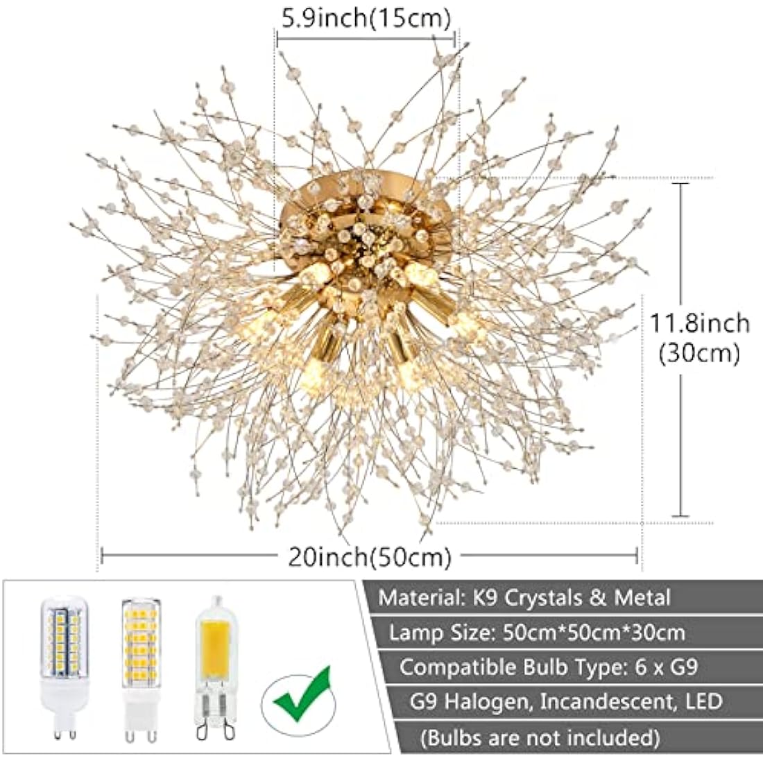 Rayofly Modern Gold Crystal Chandelier – 6-Light Flush Mount Ceiling Lamp