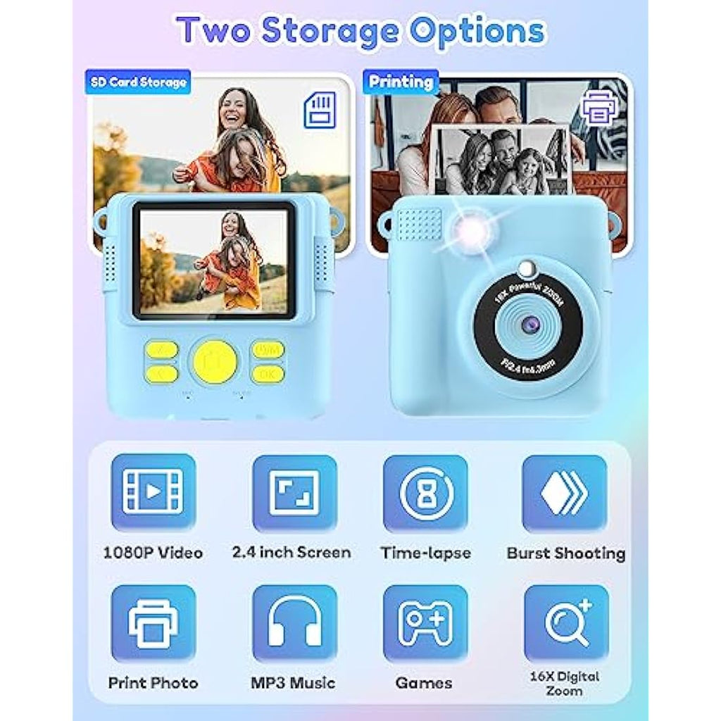 YORKOO Kids Instant Print Camera – 1080P Digital Video Toy with 32GB SD Card
