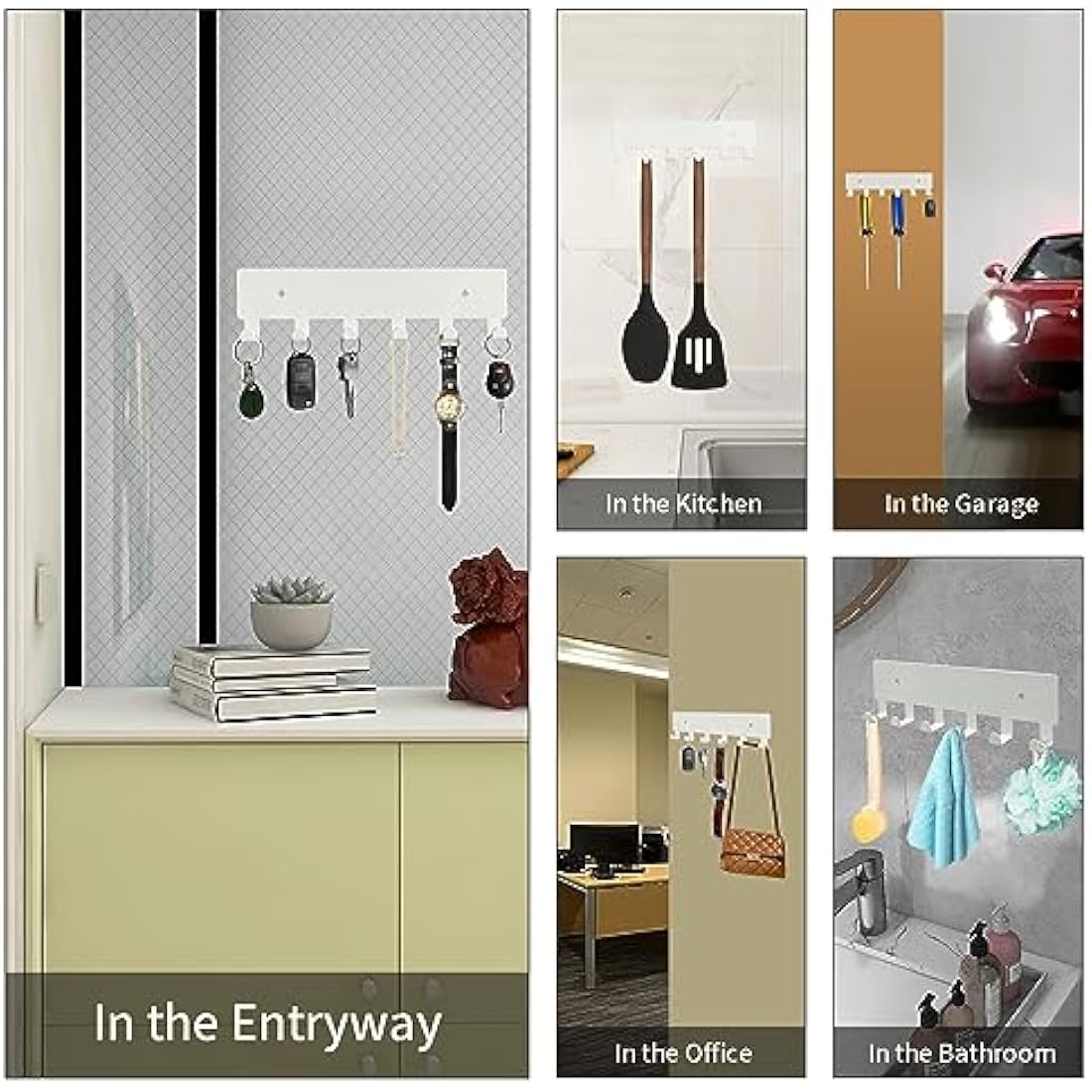 Jolof Store Key Holder for Wall – 6 Metal Hooks Self Adhesive Rack, White