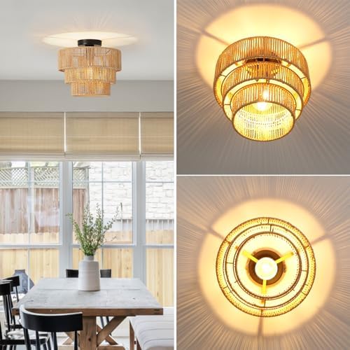 FORCOSO 3-Layer Rattan Ceiling Light – Boho Handwoven E27 Chandelier