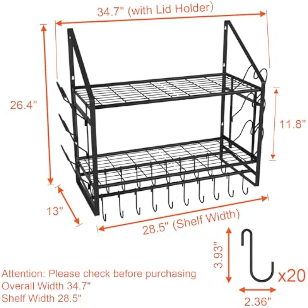 VyGrow 2-Tier Wall Mounted Pot Rack | Heavy Duty Steel Pan Organizer