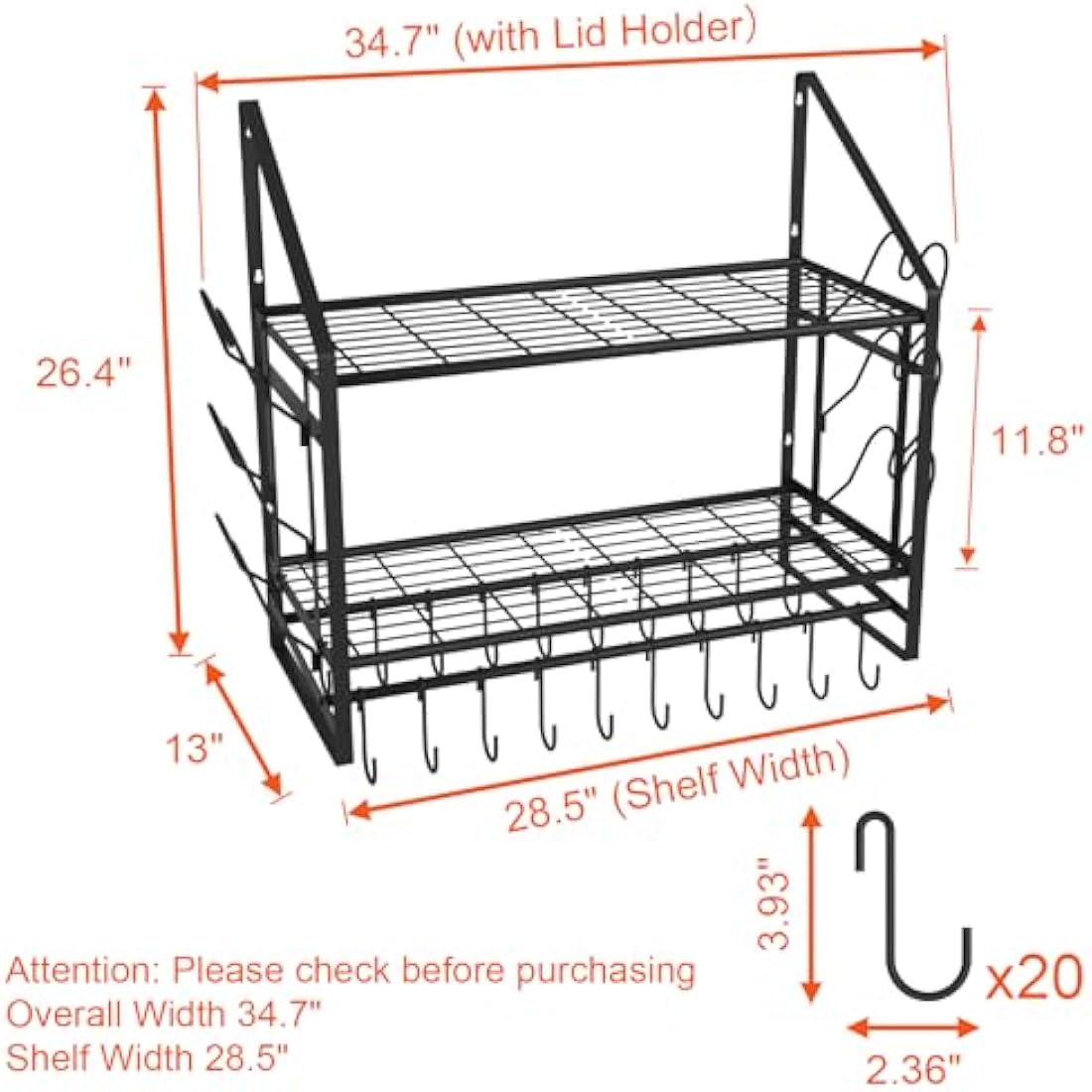 VyGrow 2-Tier Wall Mounted Pot Rack | Heavy Duty Steel Pan Organizer