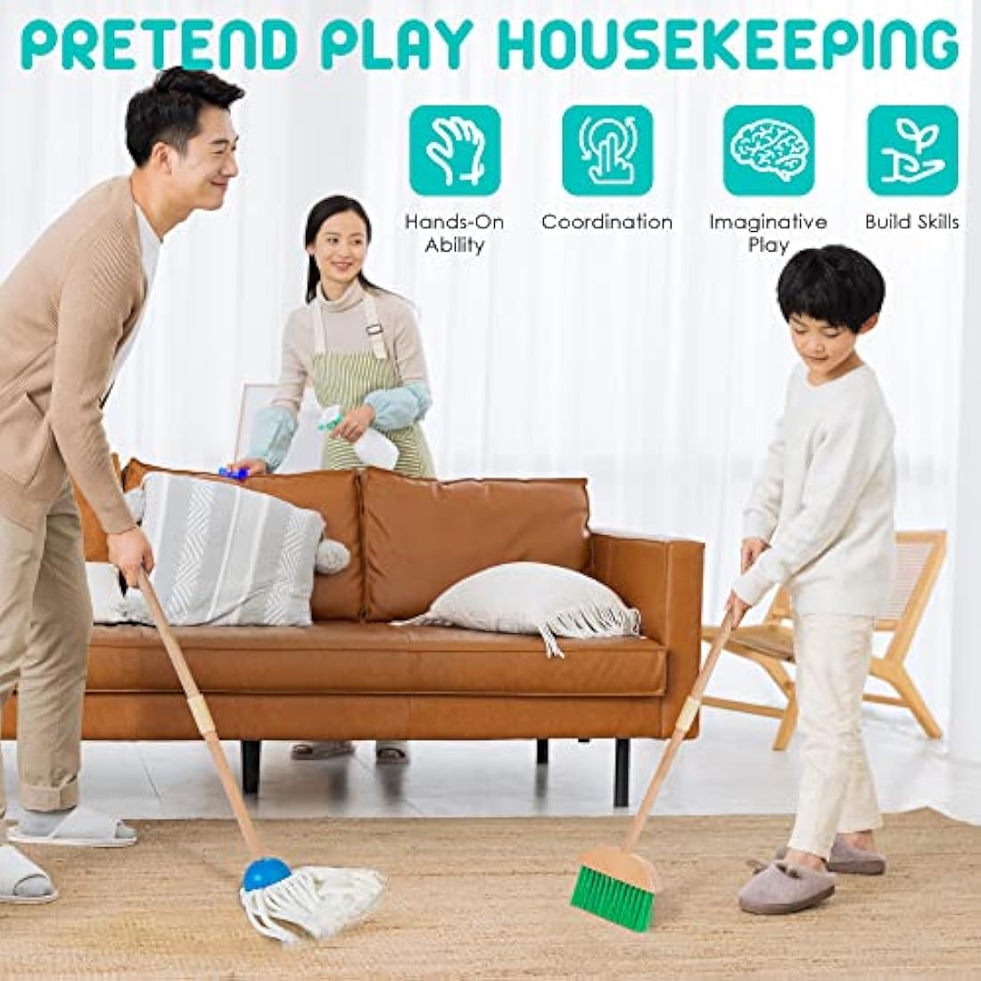 HELLOWOOD 8-Piece Wooden Kids Cleaning Set | Toddler Pretend Play Kit