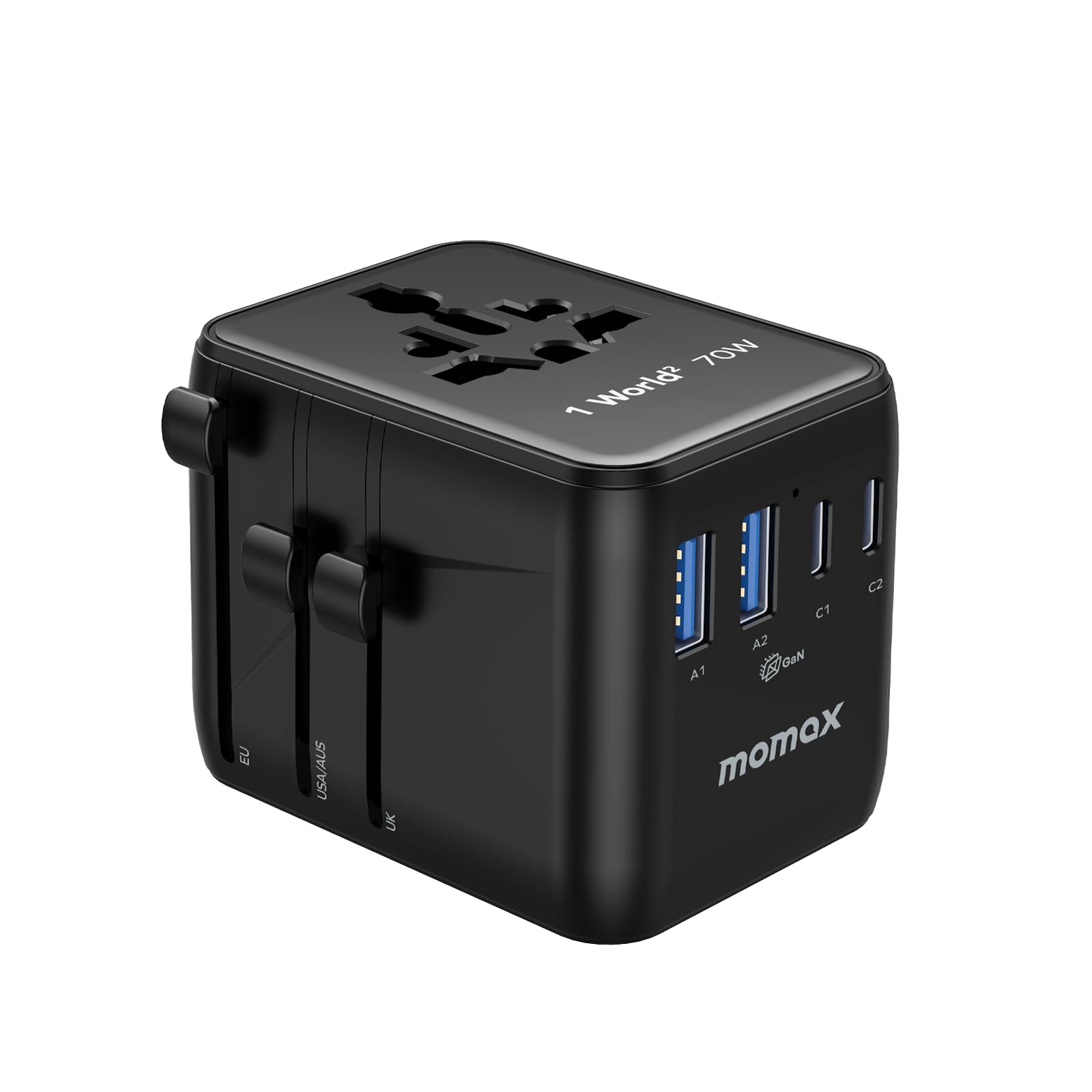 MOMAX 70W GaN Universal Travel Adapter | 5 USB Ports & Dual AC Outlets