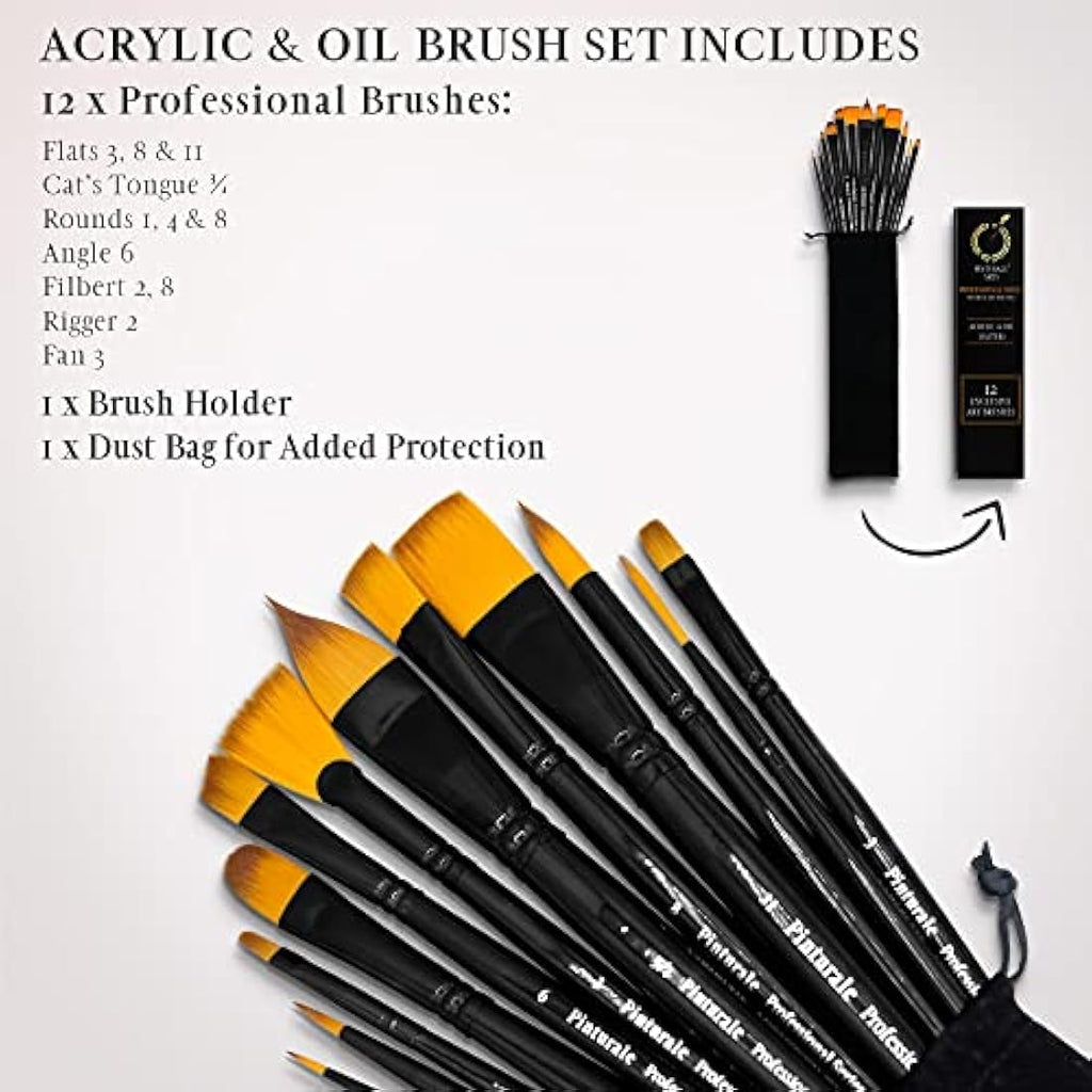 Pinturale Arts 12-Piece Handmade Acrylic and Oil Paint Brush Set