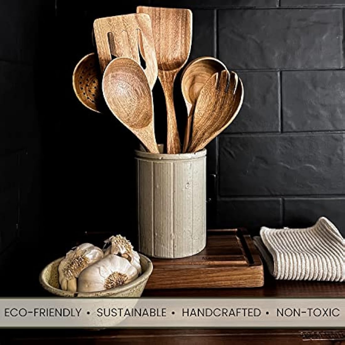 A&M Natural Living Acacia Wood Kitchen Utensils - 7 Piece Cooking Set