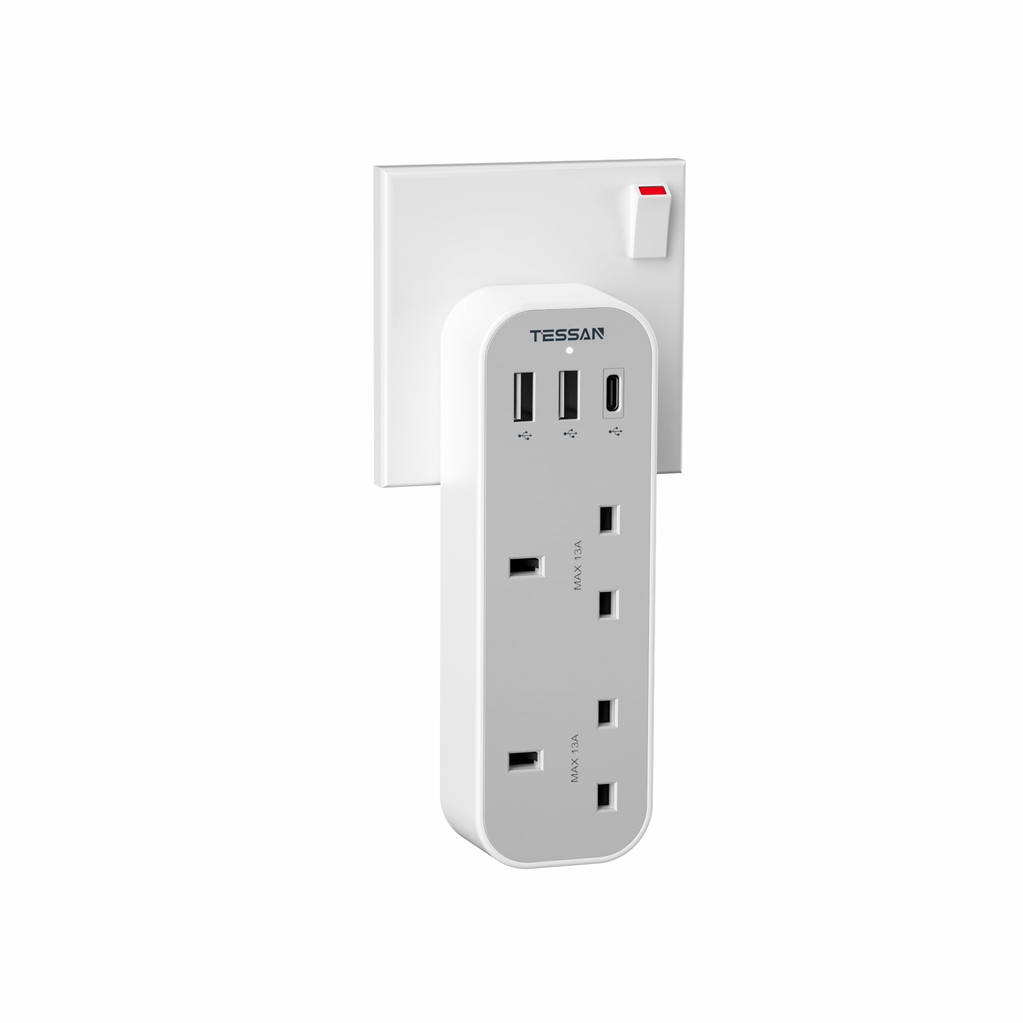TESSAN Double Plug Adaptor UK | 2 Way MultiPlug with 3 USB Ports