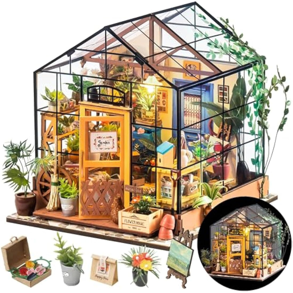 ROWOOD DIY Miniature Greenhouse Dollhouse Kit with LED Light - Wooden Model