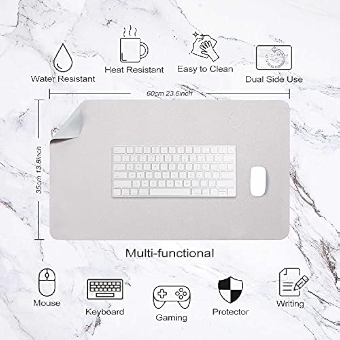 DOBAOJIA Dual-Side PU Leather Desk Pad - Waterproof Mouse Mat, Light Gray