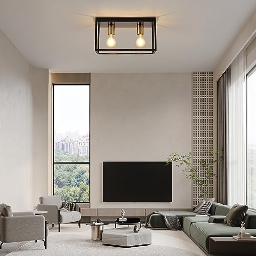 FORCOSO Industrial Black Ceiling Light – 2-Light Metal Cage Flush Mount