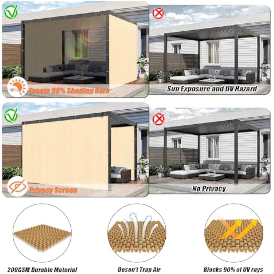 KANAGAWA 12'x20' Sun Shade Cloth | 90% UV Block HDPE Privacy Screen