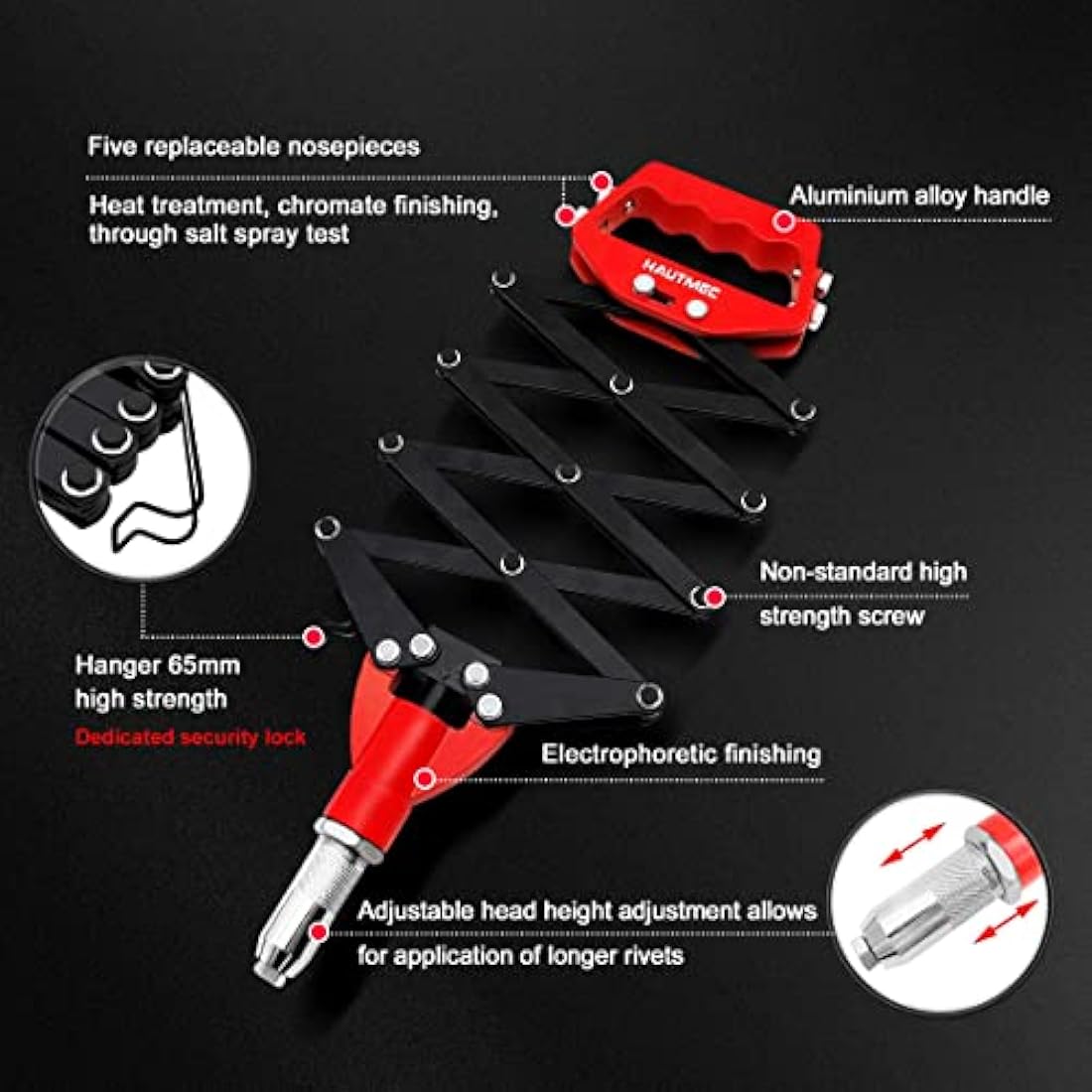 HAUTMEC 12" Lazy Tong Pop Rivet Gun – Heavy-Duty 5-in-1 Riveter