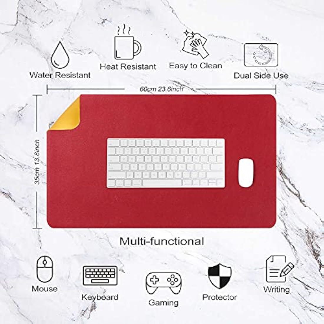 DOBAOJIA Dual-Side PU Leather Desk Pad - Waterproof Mouse Mat, Red/Yellow