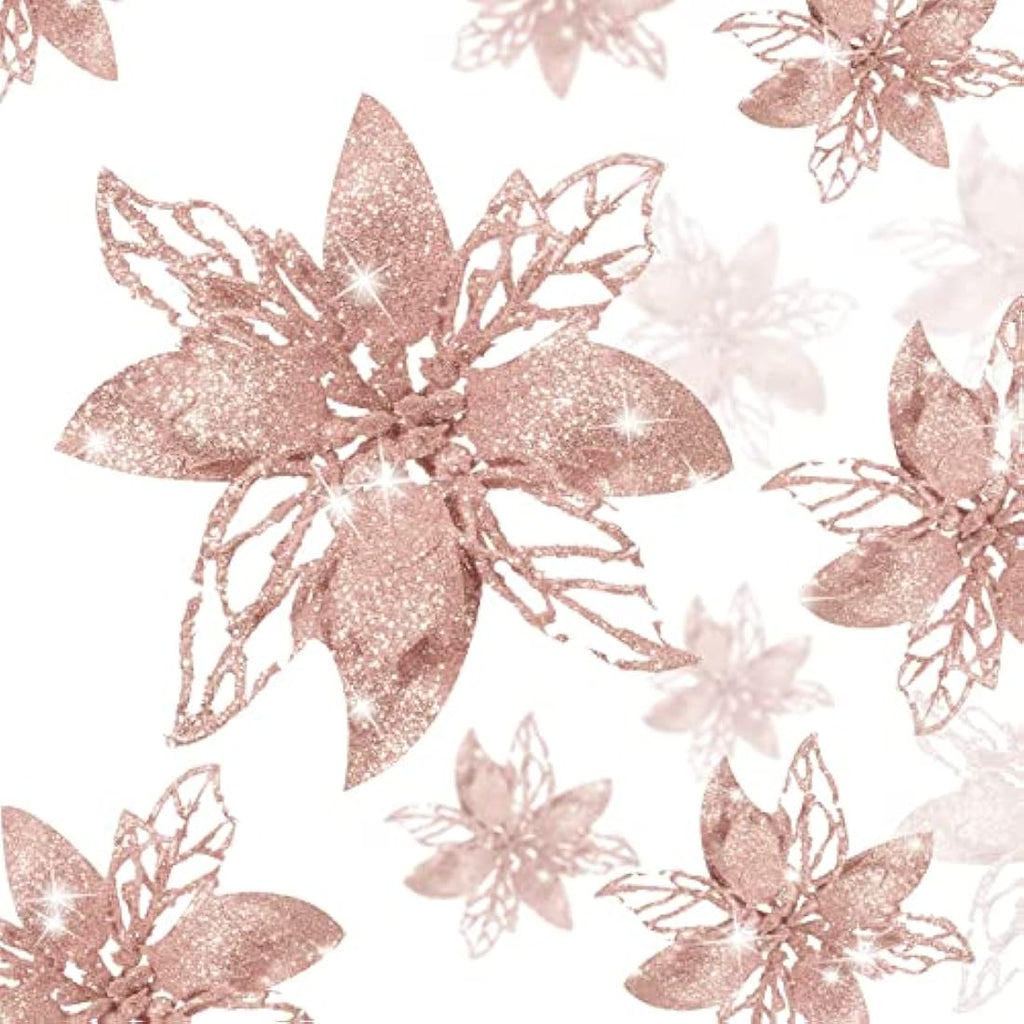 Jolof Store Rose Gold Glitter Poinsettia Flowers - 24pc Christmas Ornaments