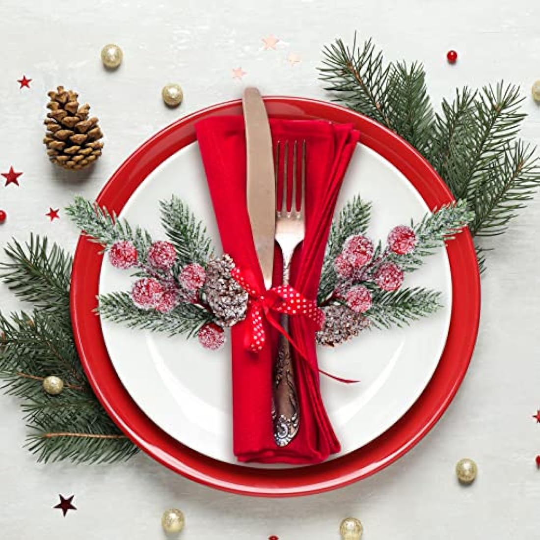 Jolof Store 10 Pcs Artificial Pine Picks with Red Berries & Pine Cones