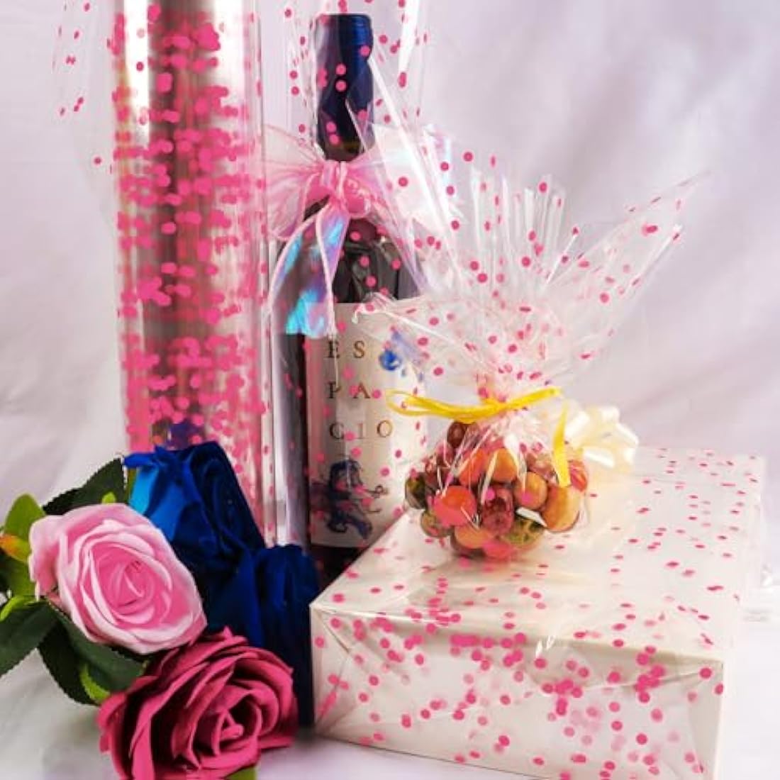 Jolof Store Pink Polka Dot Clear Cellophane Wrap Roll - 34in x 100ft