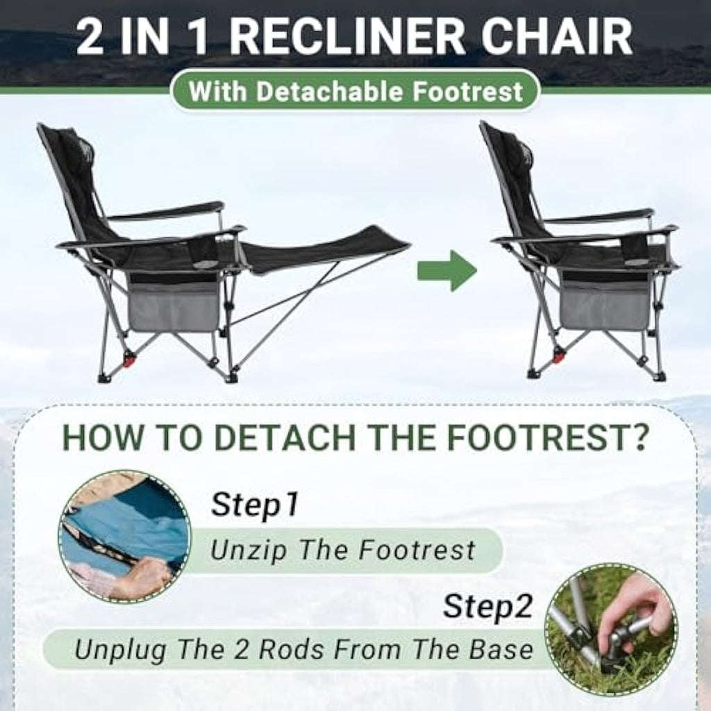 #WEJOY Folding Reclining Camping Chairs with Footrest, Black, Set of 2