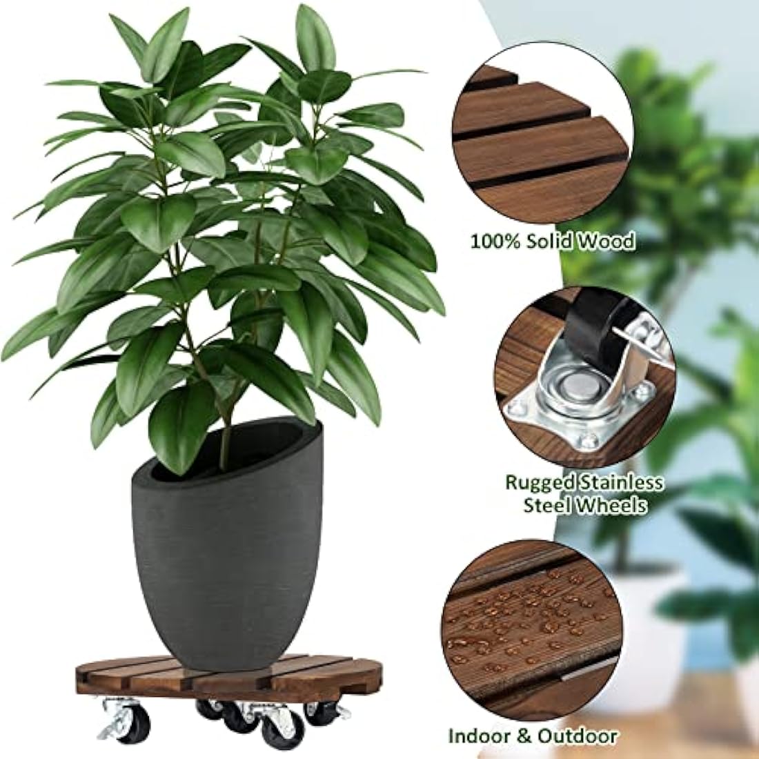 Yangbaga 12" Wood Plant Caddy | 2-Pack Heavy Duty Rolling Stand
