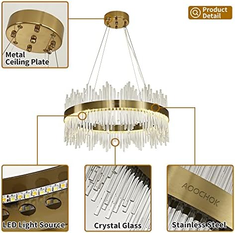 AOOCHOK Modern Gold Crystal Chandelier | 60cm Dimmable LED Pendant Light