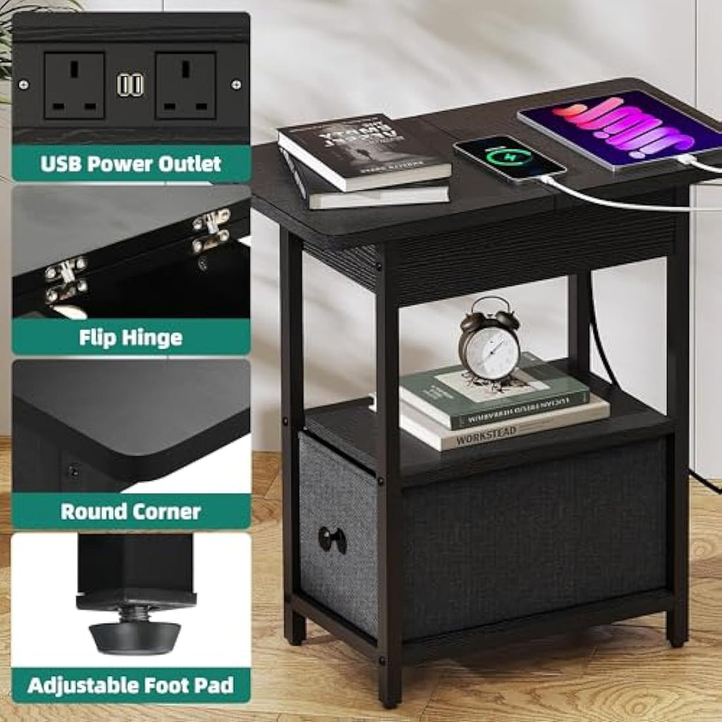 Jolof Store Narrow Side Table with Charging Station – Black Slim End Table