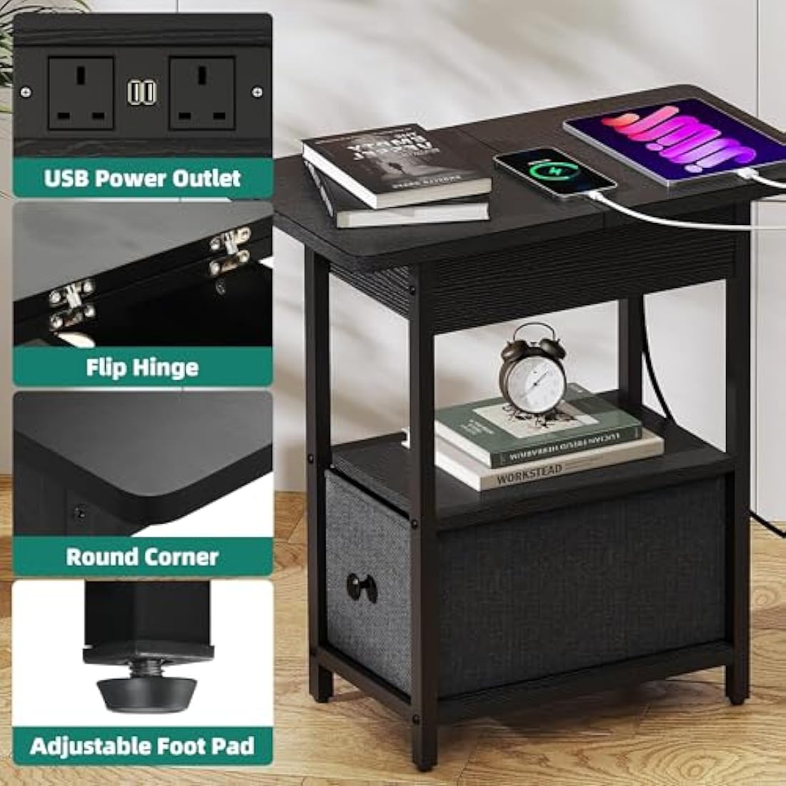Jolof Store Narrow Side Table with Charging Station – Black Slim End Table