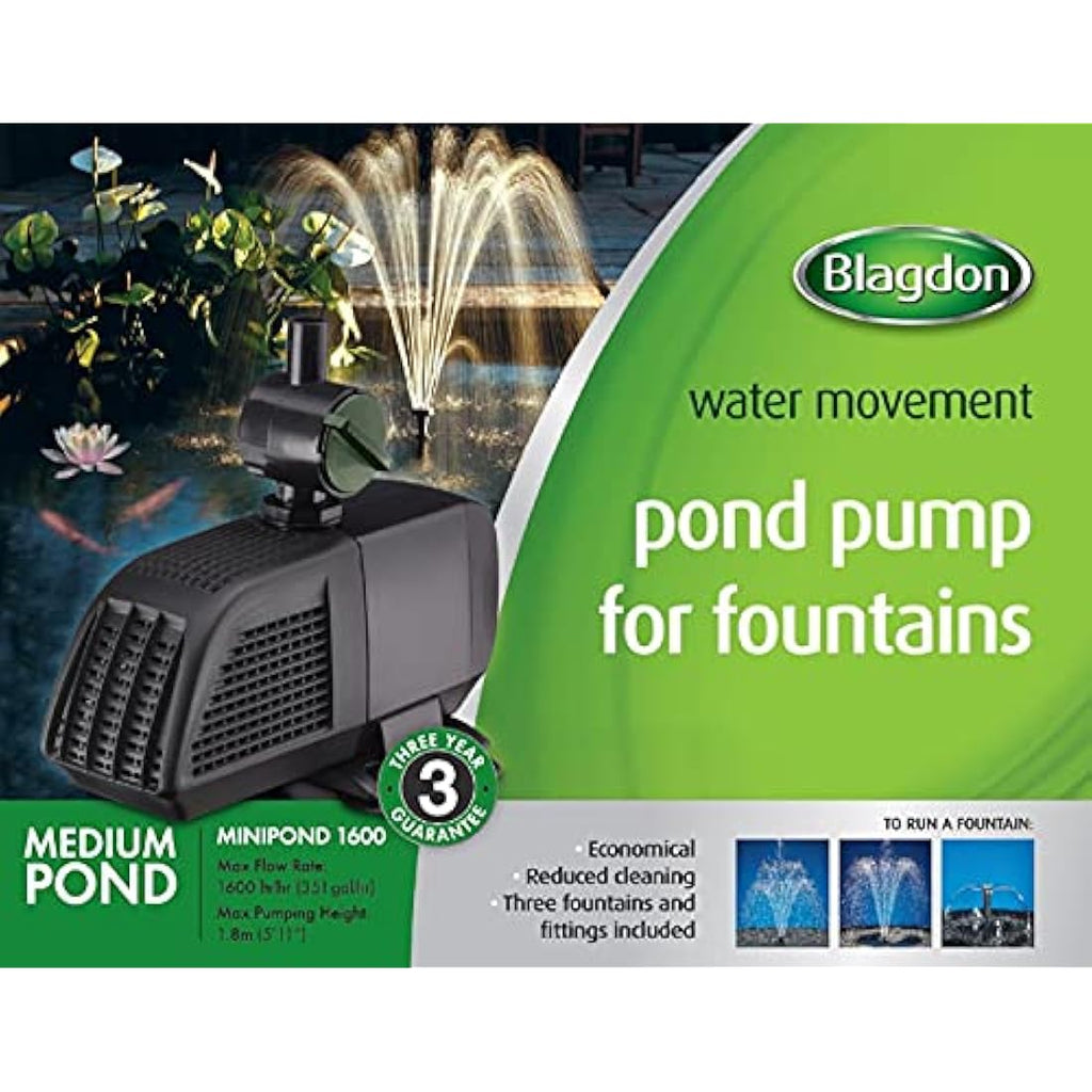 Blagdon Minipond 1600 Pond Pump | 3 Fountain Heads for Medium Ponds