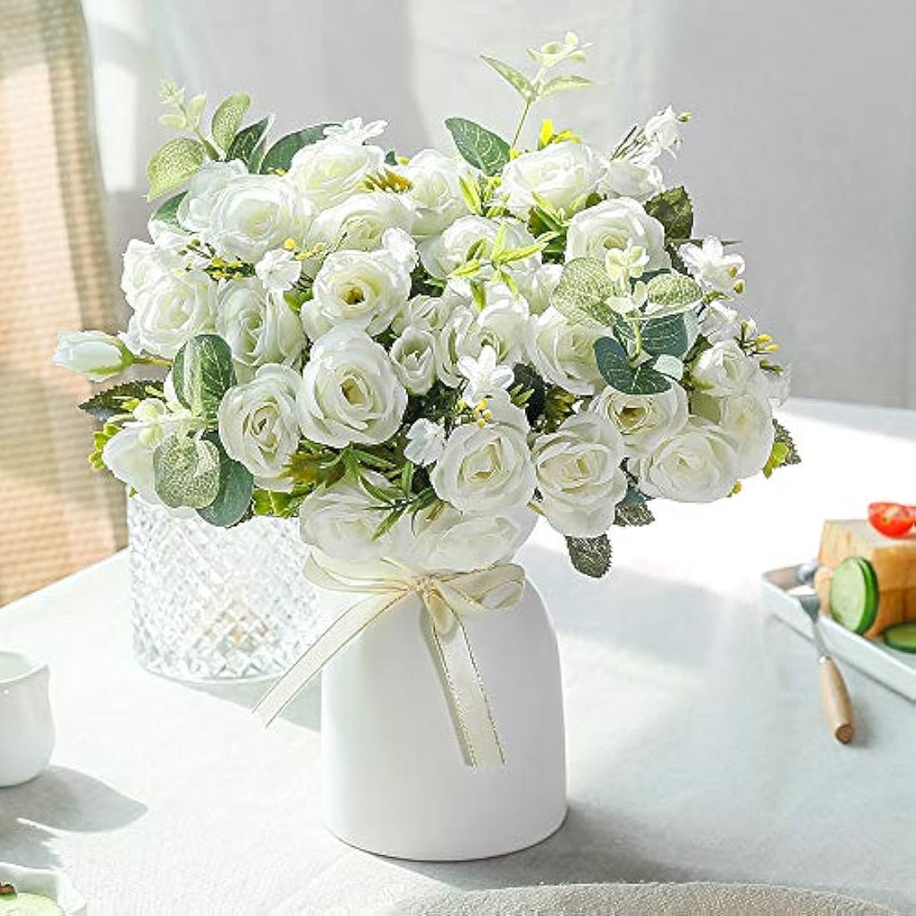 Jolof Store Artificial Silk Rose Arrangement with Ceramic Vase - White
