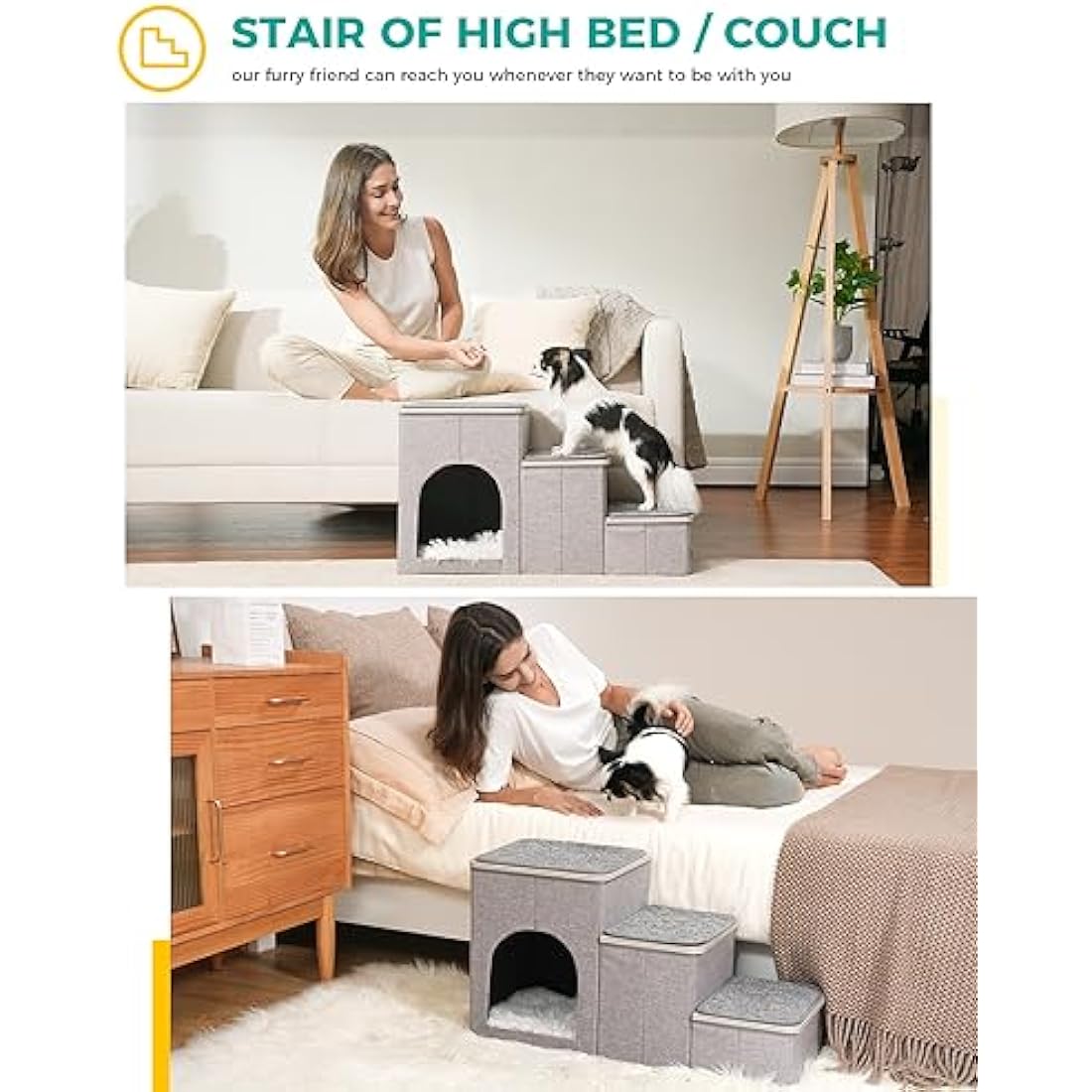 PETEPELA 3-Step Foldable Dog Stairs with Storage for High Bed – Grey