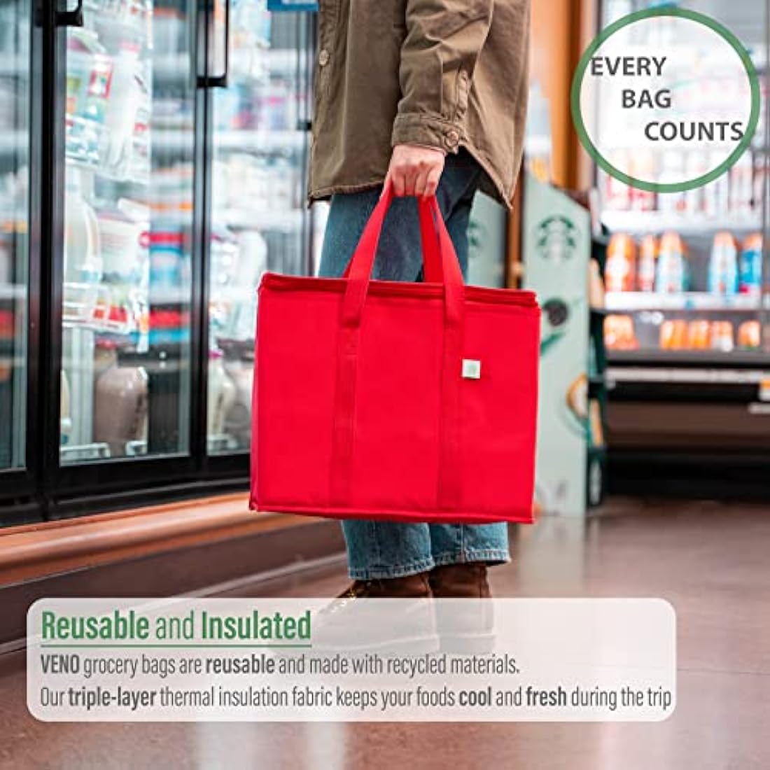 VENO Insulated Grocery Bags - 3 Pack Heavy-Duty Reusable Cooler Bag, Red