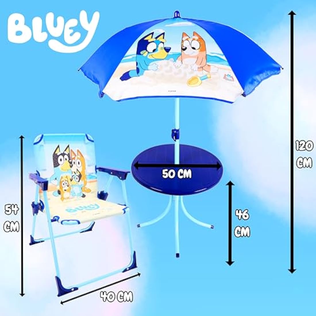 Bluey & Bingo Kids Patio Set | 4-Piece Table, Chairs & Parasol Garden Set