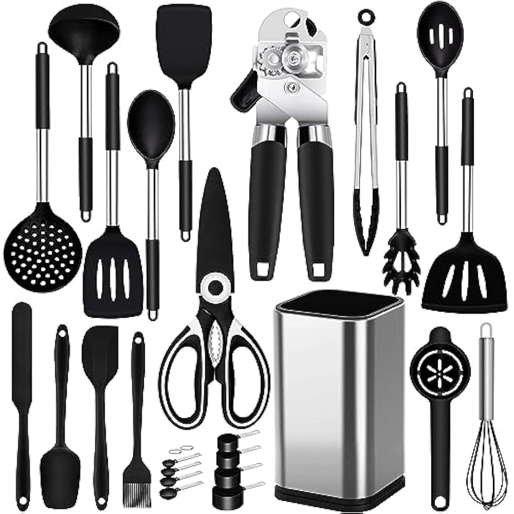 26-Piece Silicone Kitchen Utensils Set with Holder | Black