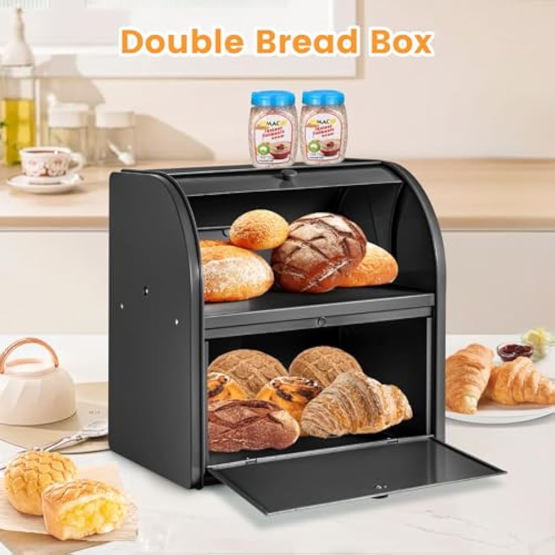 Esilihom 2-Layer Large Metal Bread Bin – Roll Top Kitchen Storage, Black