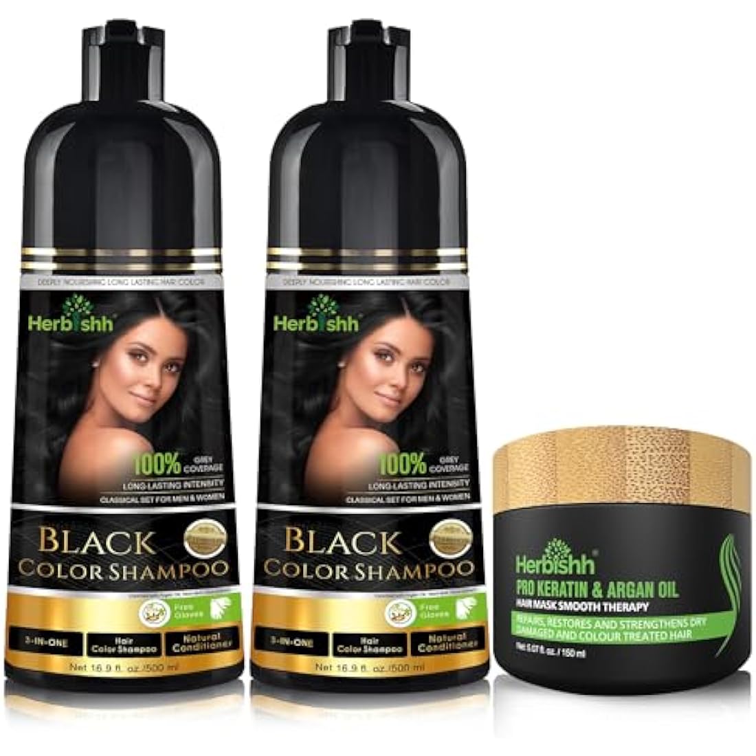 Herbishh Black Hair Color Shampoo 2-Pack with Argan Intense Hair Mask