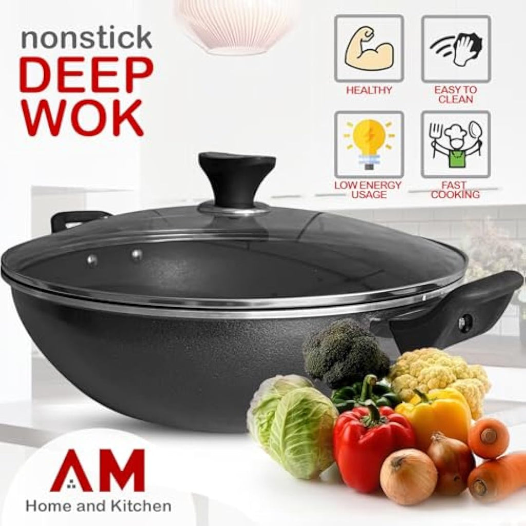 Jolof Store 32cm Non-Stick Induction Wok with Lid | Cast Aluminum Stir-Fry Pan