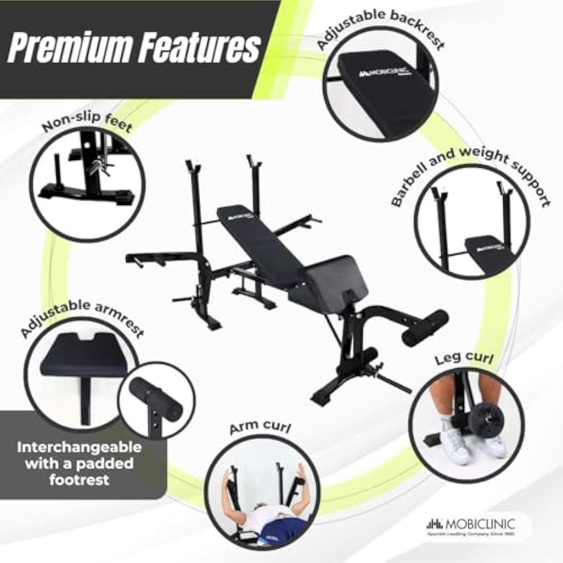 Mobiclinic Pressfit Adjustable Gym Bench - Foldable Steel Weight Bench