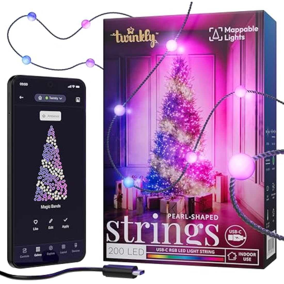 Twinkly Strings USB-C Pearls 200 LED RGB Multicolor Smart Lights