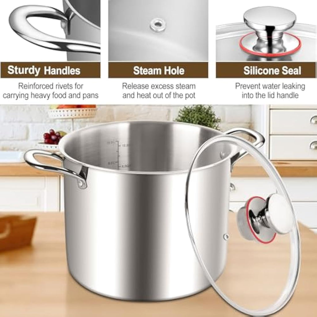 HaWare 10L Tri-Ply Stainless Steel Stock Pot with Glass Lid | Induction