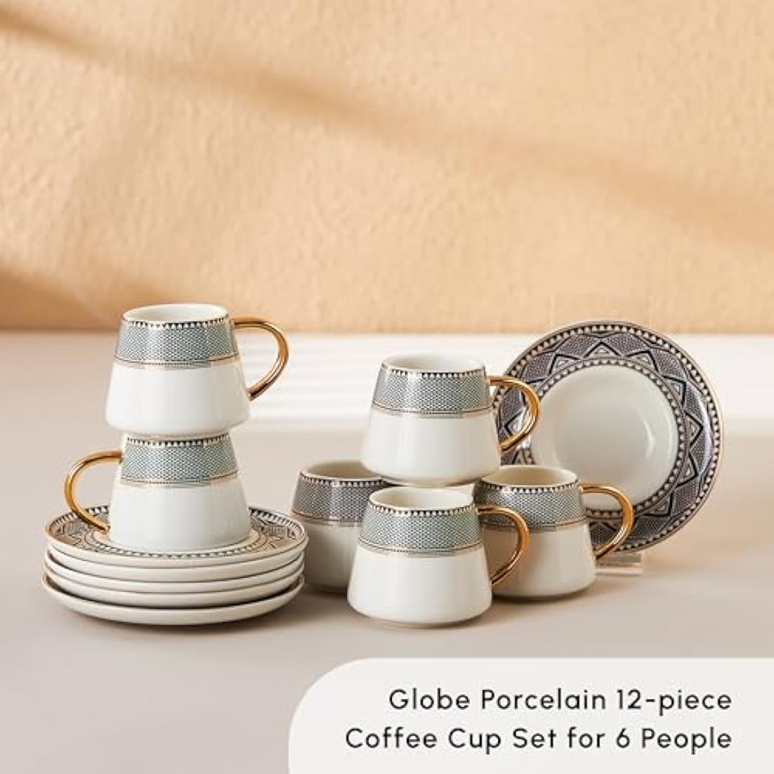 Karaca Globe Porcelain Turkish Coffee Cup Set - 12 Piece Gold Rim Espresso