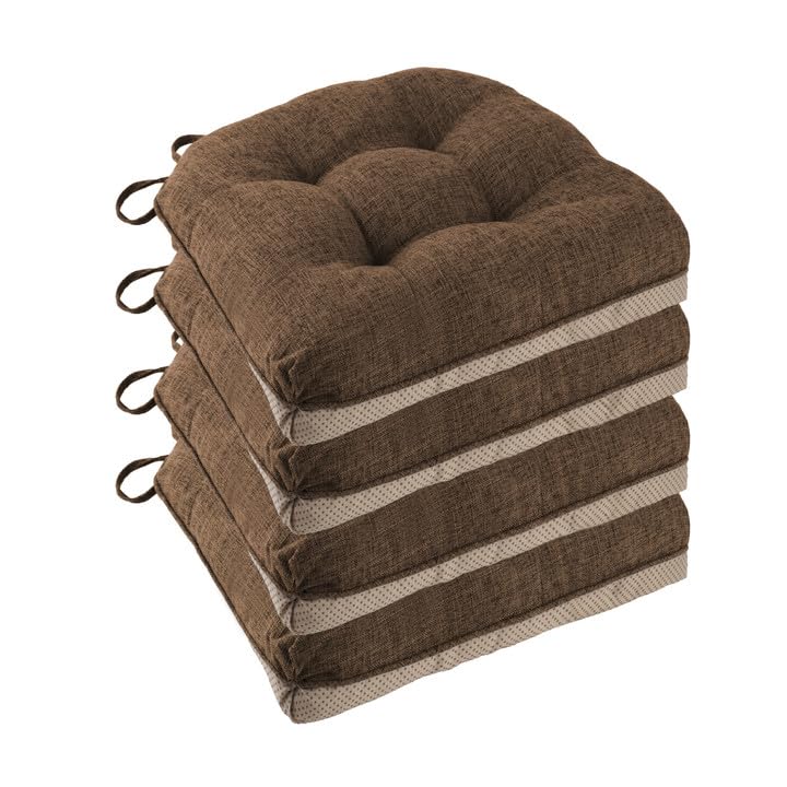 FlyGulls Non-Slip Dining Chair Cushions - Set of 4 Tufted Faux Linen Pads