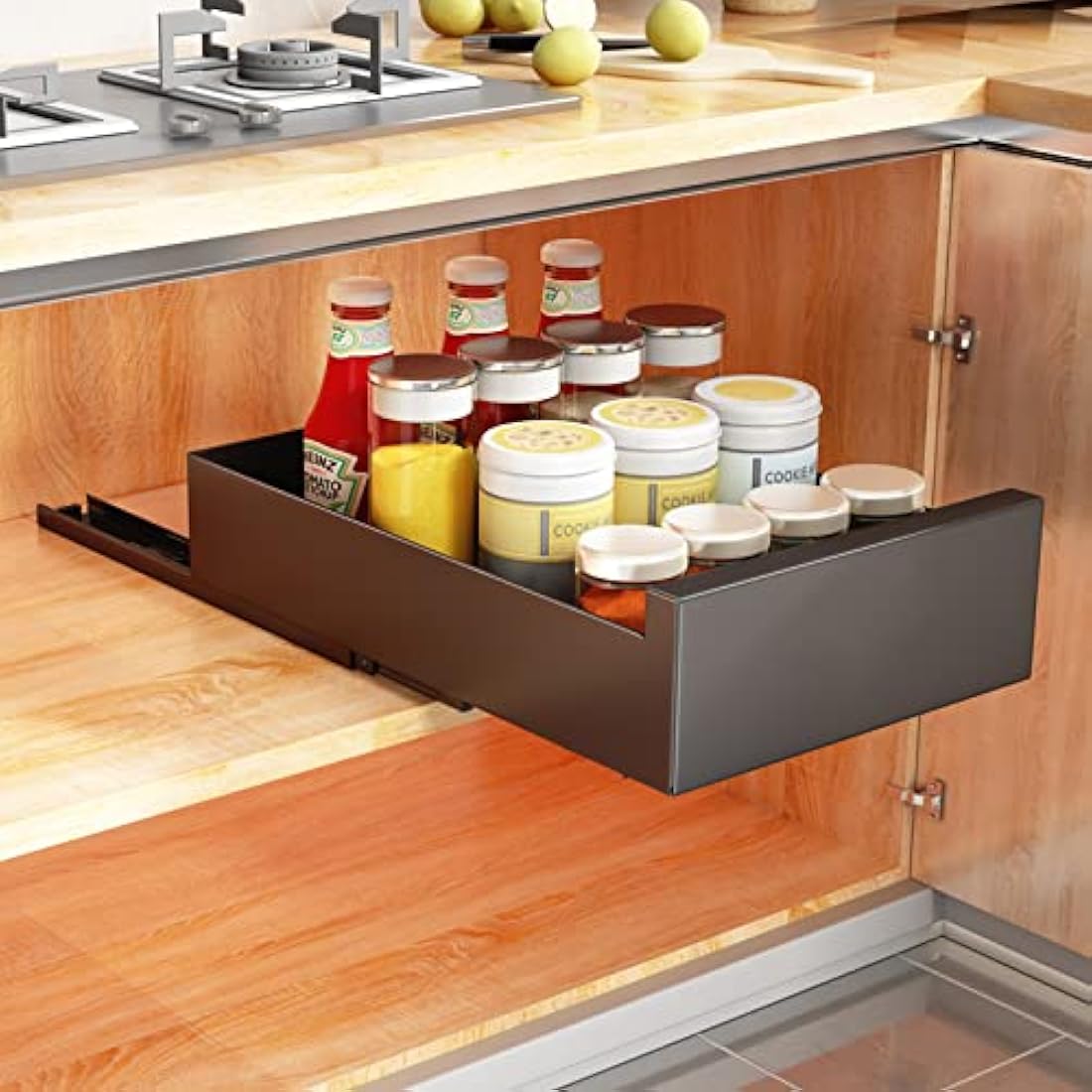 SAYZH Pull Out Cabinet Organiser – Heavy Duty No-Drill Sliding Drawer, Black