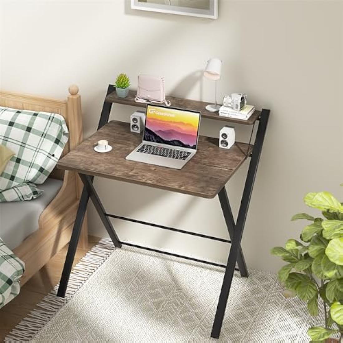 GreenForest Folding Computer Desk with Monitor Shelf for Small Spaces