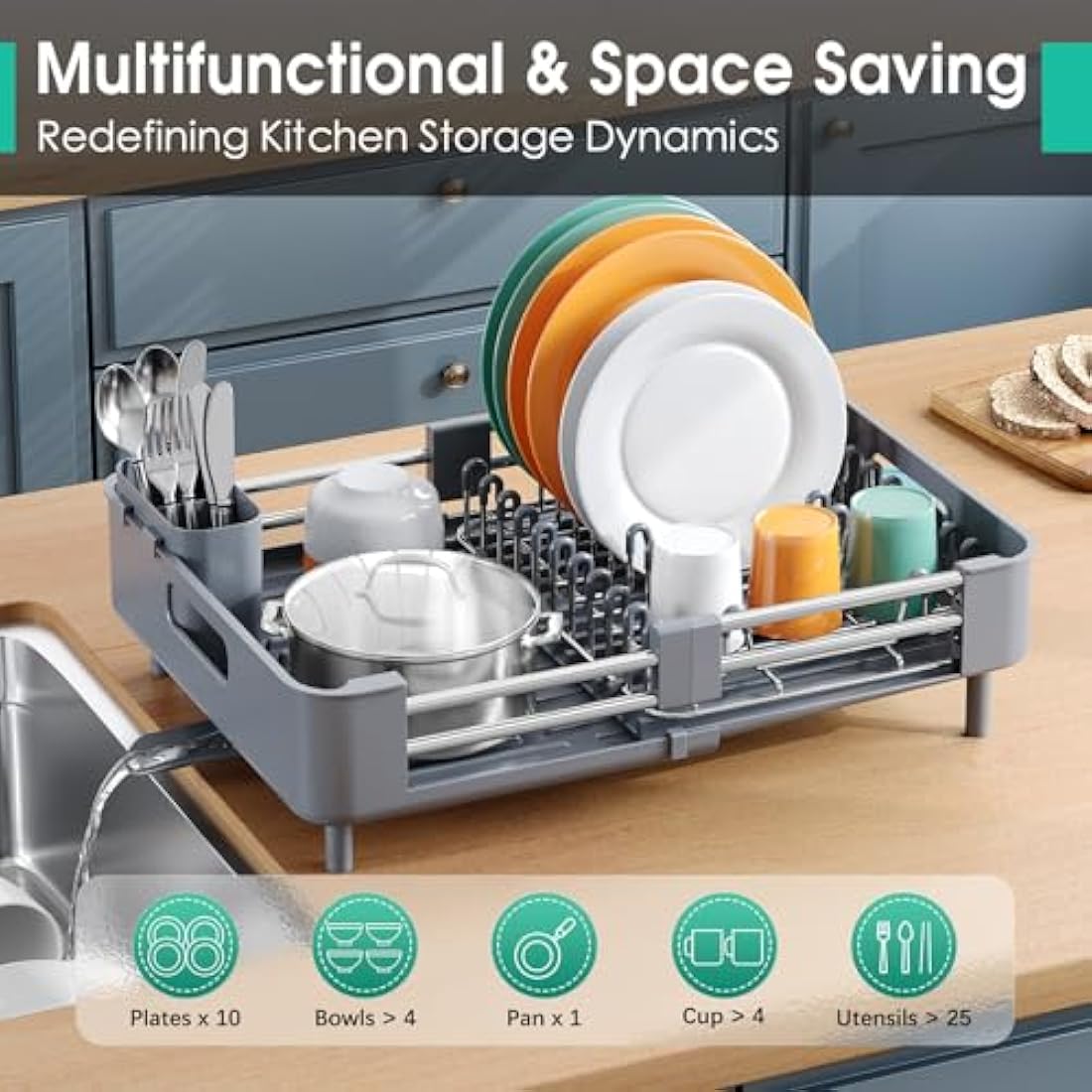 KINGRACK Extendable Dish Drying Rack | Stainless Steel Drainer in Gray