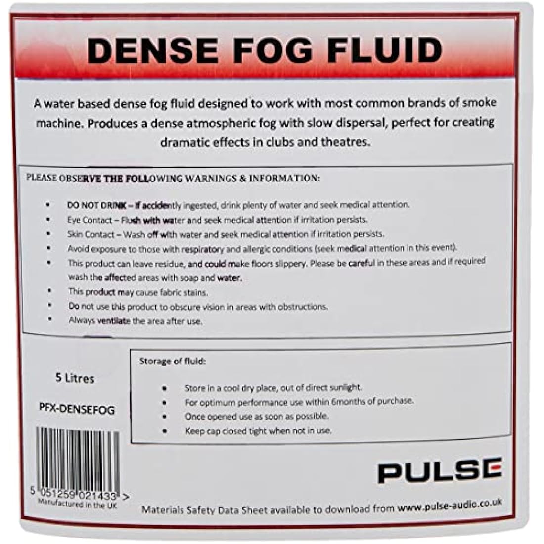 Dense Fog Fluid – 5 Litre Atmospheric Stage Smoke Effect